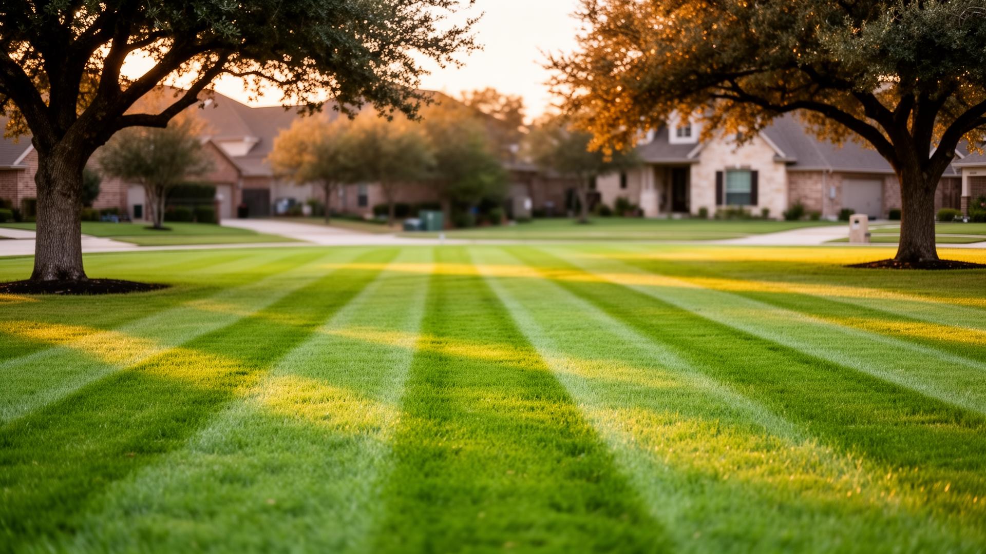 Freshly mowed suburban lawn at golden hour with mature oak trees